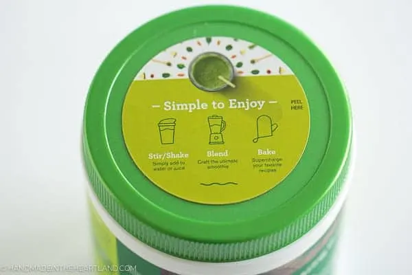 top of amazing grass container which says "simple to enjoy, mix, blend or shake"