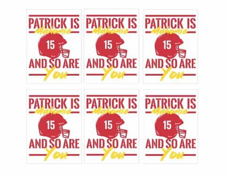 Printable page with 6 patrick mahomes valentine cards on it
