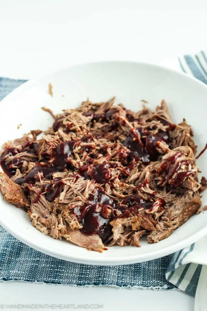 pulled pork in a bowl with bbq sauce drizzled on top