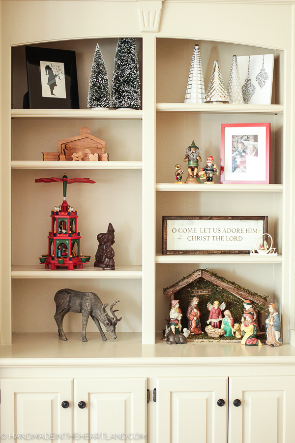 Christmas shelf decor with handmade wood sign