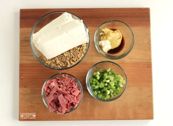 ingredients for corned beef cheeseball appetizer recipe