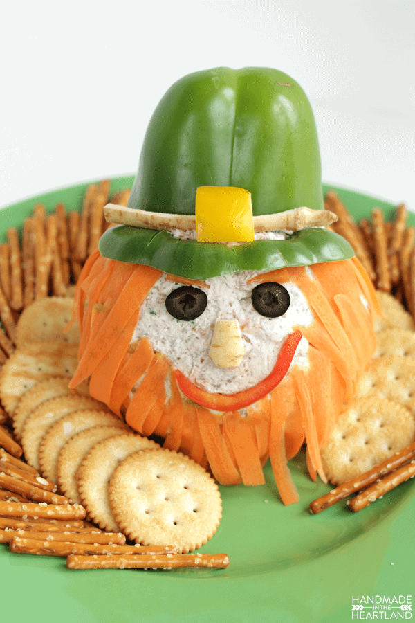 cheese ball decorated to look like a leprechaun