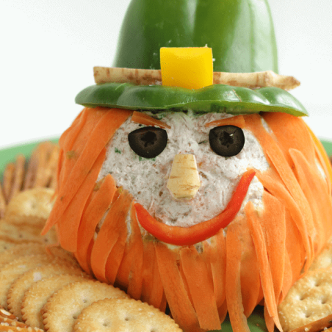 Cheeseball appetizer decorated to look like a leprechaun