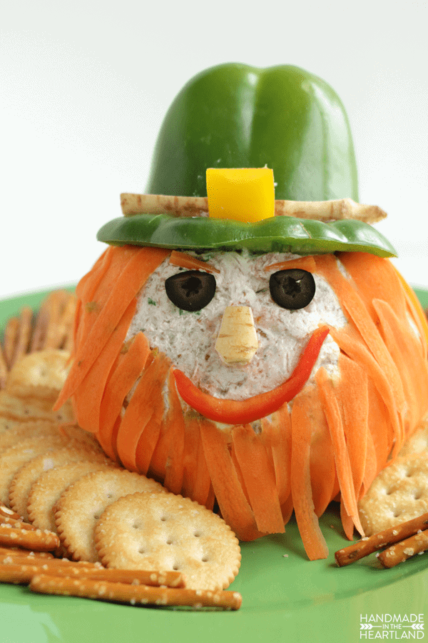 Cheeseball appetizer decorated to look like a leprechaun