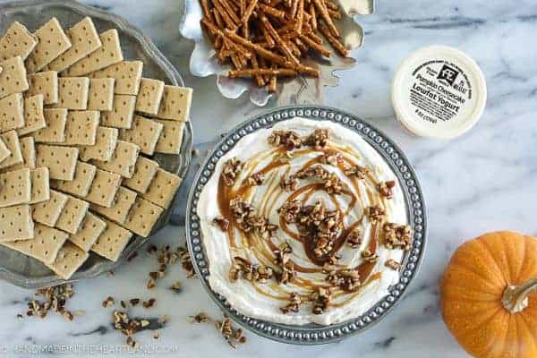 Pumpkin Cheesecake Dip with Caramel Pecans