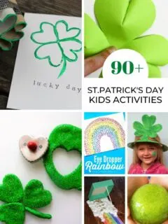 collage image of 90 St. Patrick's Day activities for kids including toilet paper roll shamrocks, paper shamrocks, shamrock paper plate hat, green glitter play dough and leprechaun traps
