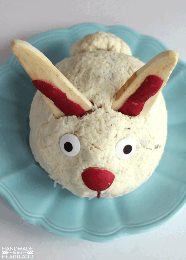 Jalapeno Bacon cheeseball decorated to look like an Easter bunny