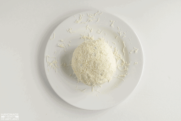 Cheeseball covered in white shredded cheese