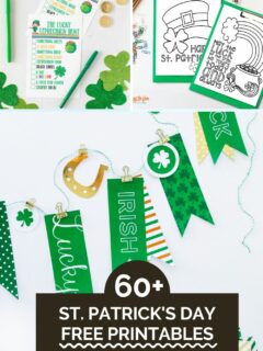 collage image showing free printable st. patrick's day files. A coloring page, game, and banner