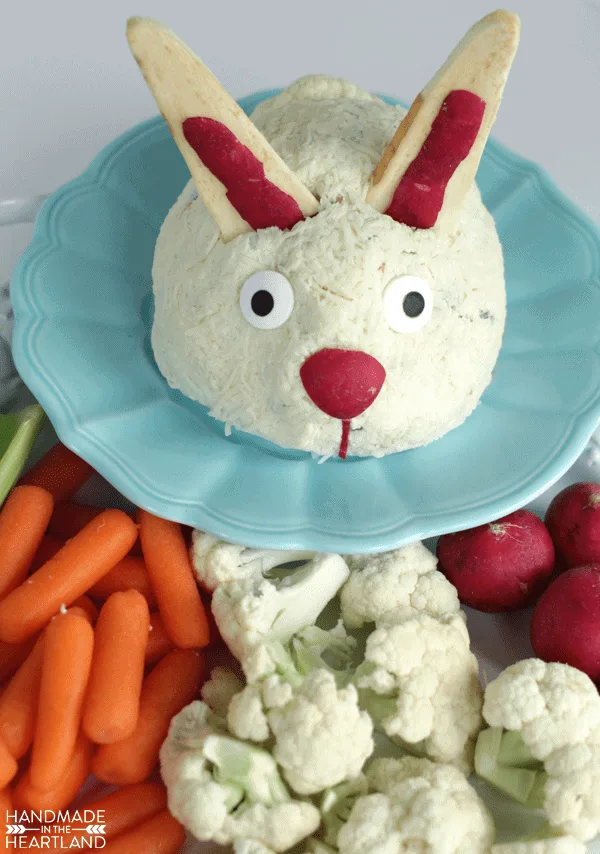 cheeseball appetizer decorate to look like Easter bunny
