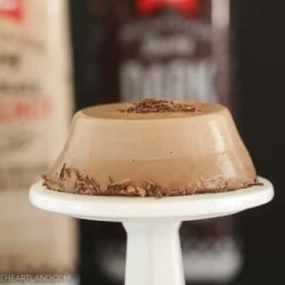 Layered panna cotta dessert with darker chocolate on bottom and lighter on top sitting on small cake stand