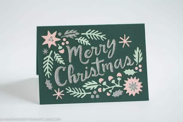 beautiful green, pink and silver Christmas card made with Cricut Explore