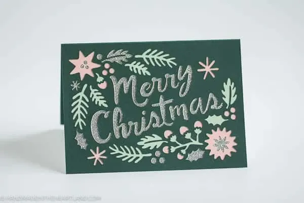 beautiful green, pink and silver Christmas card made with Cricut Explore