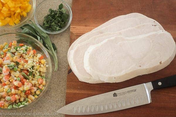 Image of sliced turkey breast and ingredients for turkey a la king