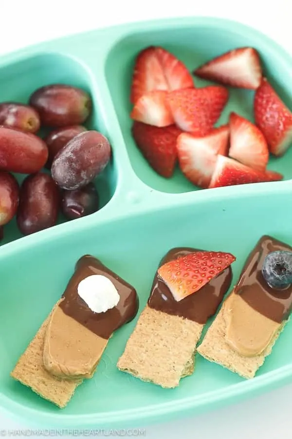 divided plate with fruit and chocolate covered graham crackers for after school snacking