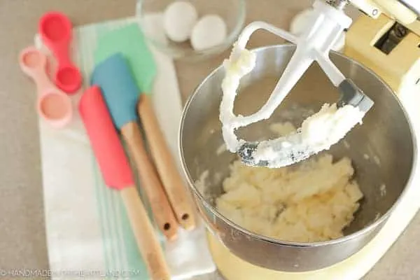 Mixing strawberry short cake cake recipe in a stand mixer