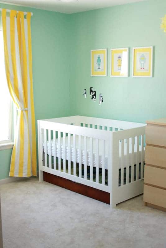 modern gender neutral yellow and aqua nursery