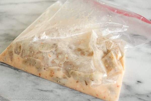 Image of ziplock bag with marinaded shrimp for skewers
