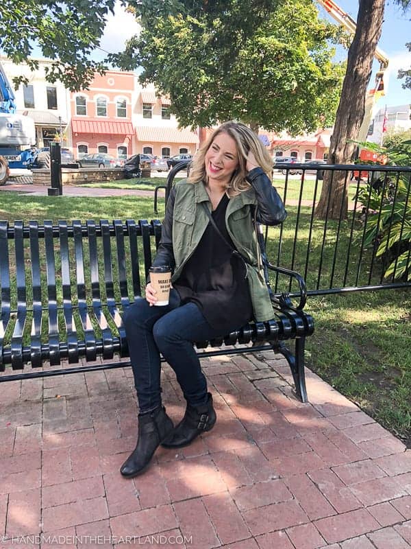 Fun denim and black fall outfit with short fall leather boots