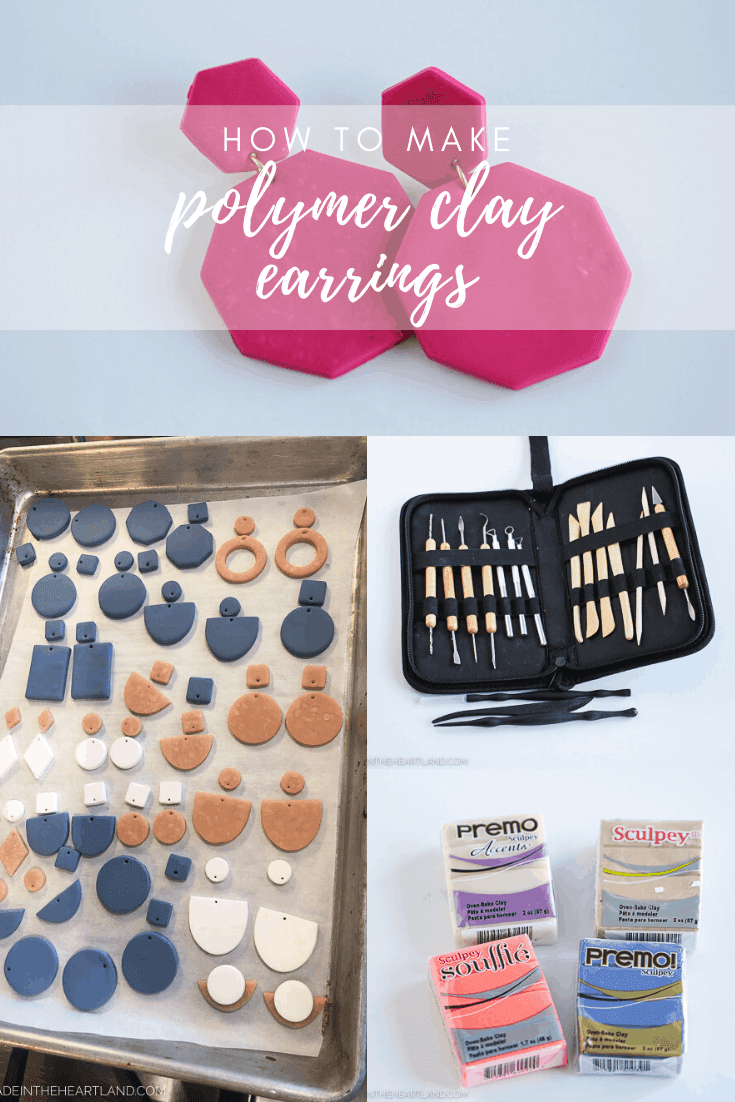how to make polymer clay earrings image with clay, tools and finished earring pieces
