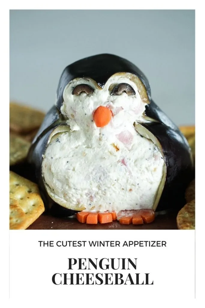 Image of a cheeseball decorated as a penguin