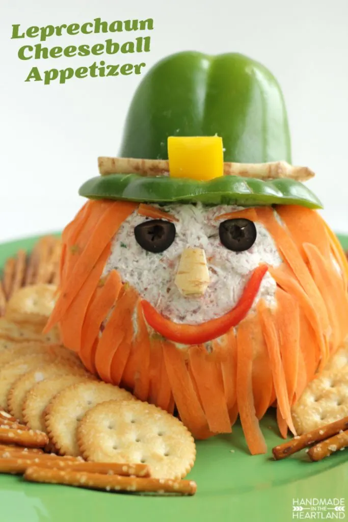 cheeseball decorated to look like leprechaun for St.Patrick's Day