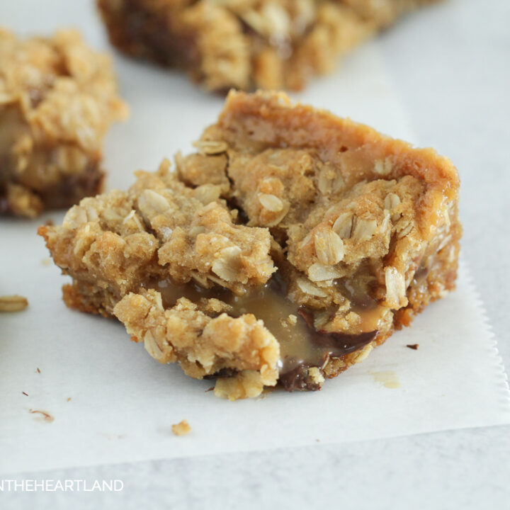 square of bar cookies with oats, chocolate, caramel & sea salt