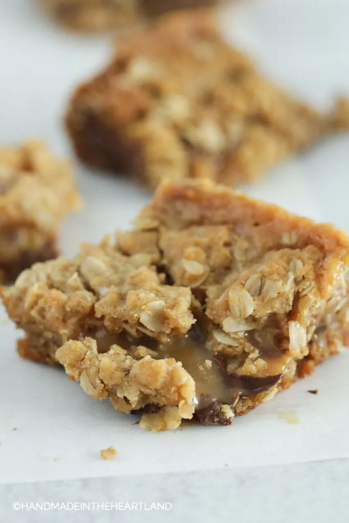 square of salty carmelita bars siting on parchment paper