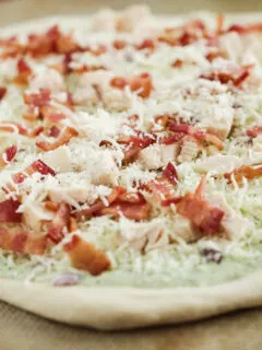 pre-cooked pizza with chicken, bacon and ranch toppings