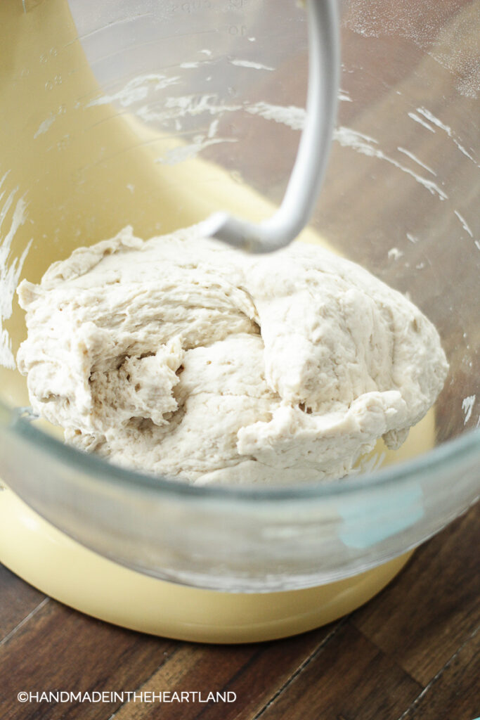Pizza dough after mixing in stand mixer