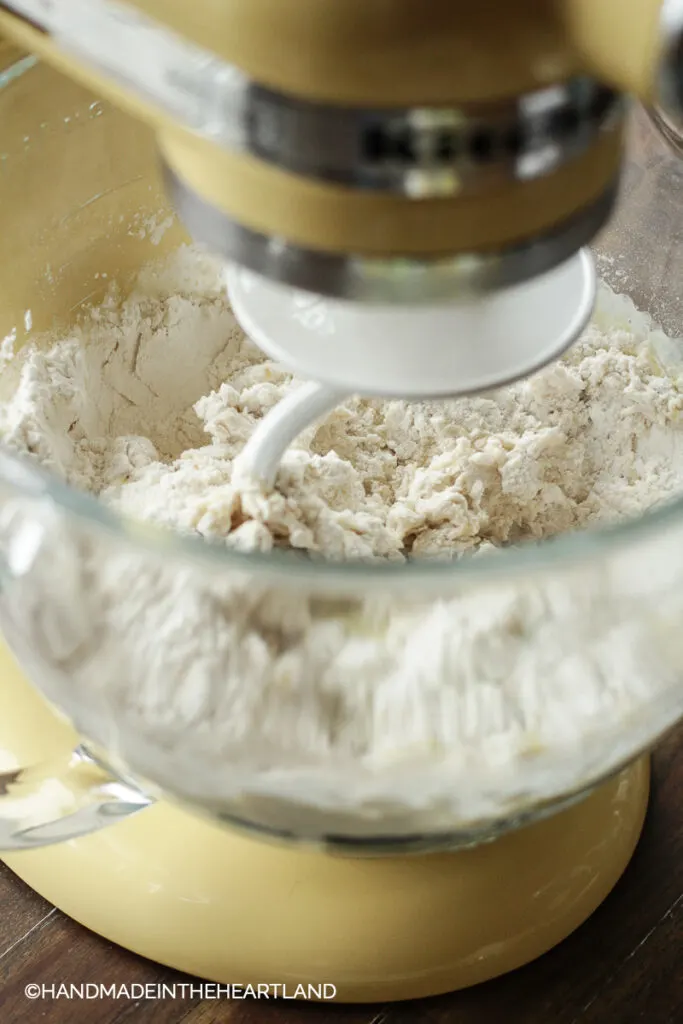 starting to mix pizza dough in a stand mixer