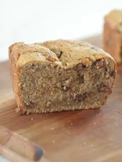 peanut butter chocolate chip banana bread loaf sliced