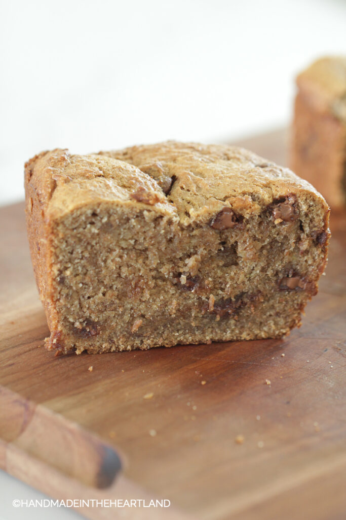 peanut butter chocolate chip banana bread loaf sliced