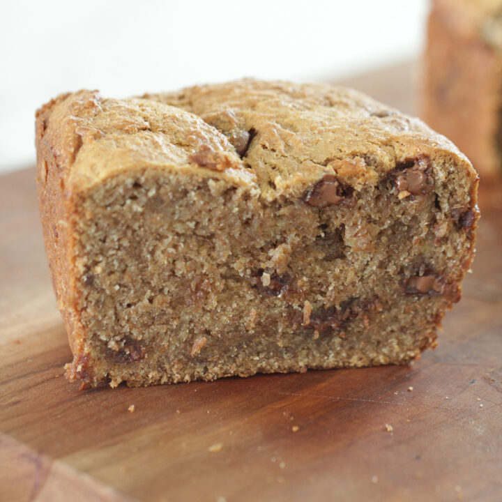 peanut butter chocolate chip banana bread loaf sliced