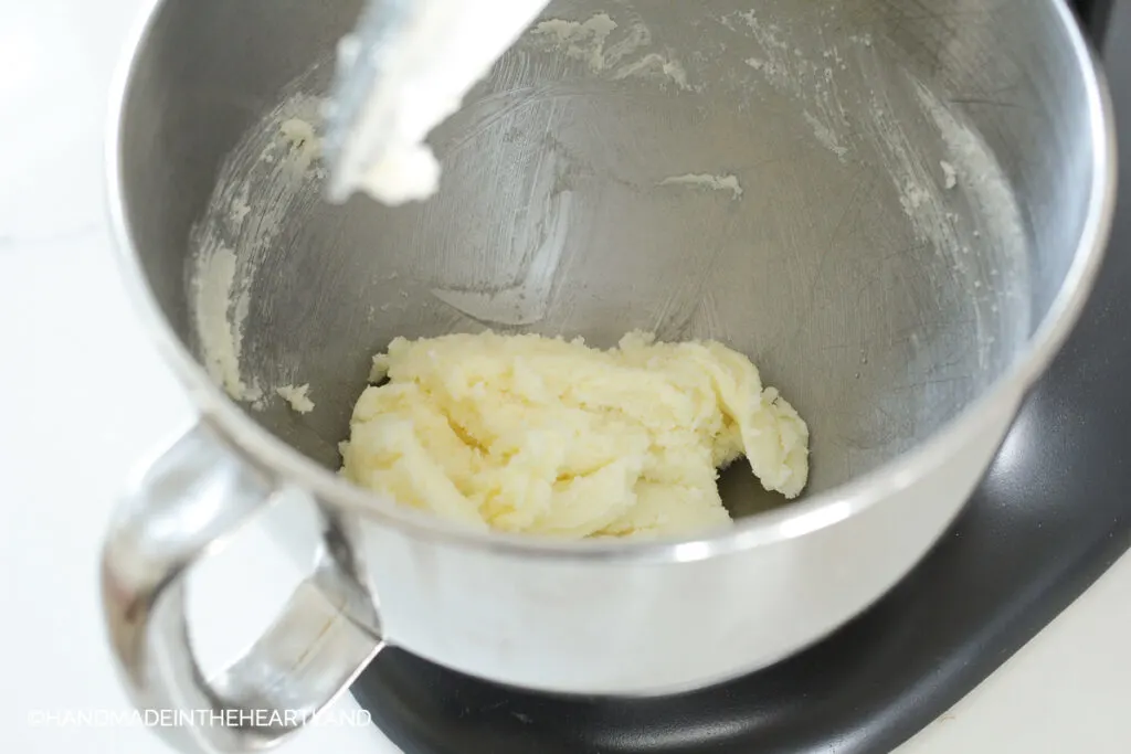 butter and sugar creamed together in bowl of kitchenaid mixer