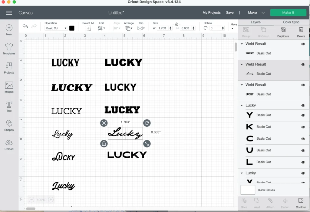 the word lucky uploaded into Cricut design space in different fonts