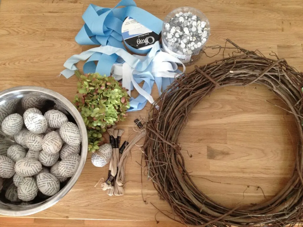 Supplies to make easter egg wreath